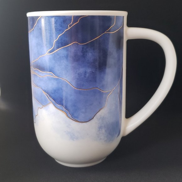 New Abstract Coffee Tea Water Mug Blue Watercolor Print W/ Gold Ceramic 16 oz - Picture 2 of 11